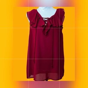 Wine Sleeveless Blouse with Ruffle and Lace up Detail NWOT
